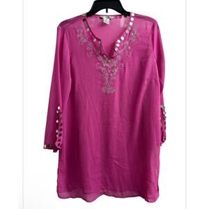 WD-NY Pink sheer Bell Sleeve Embroidered Trim Swim Cover-up Tunic Top Size 10